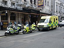 LAS vehicles on the scene of an emergency incident in central London London Ambulance vehicles.jpg
