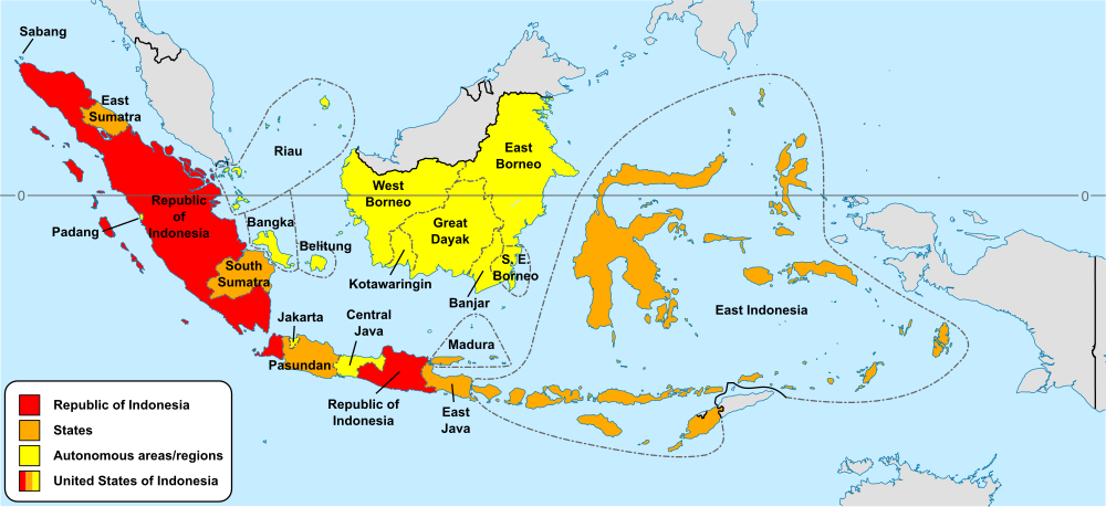 インドネシア連邦共和国の地図。最大の構成国であるインドネシア共和国を赤、その他の構成国をオレンジ色で示す。黄色は自治地域やその他の地域を示す。