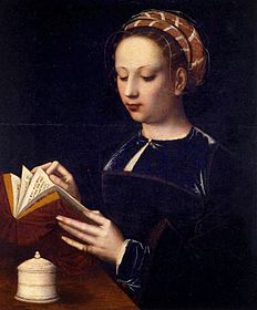 Ambrosius Benson, Magdalena bere, ok. 1525. To delo deli Van der Weydnov poudarek na volumnu in obsegu njene knjige, podobno pa se osredotoča na njene nežno upodobljene prste.[31]