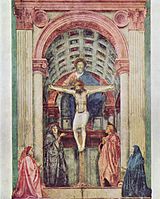 Мазаччо. Троица. Деталь. Фреска. 1425—1426. Церковь Санта-Мария-Новелла, Флоренция