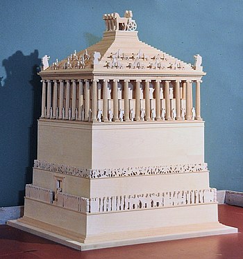 Model of the Mausoleum at Halicarnassus (near modern-day Bodrum in Turkey), the grave of King Mausolus, the Persian satrap of Caria from which the word mausoleum was derived. Mausoleum at Halicarnassus at the Bodrum Museum of Underwater Archaeology.jpg
