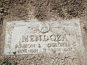Grave of Ramon Somoza Mendoza (1876-1951), and his wife Dolores Mendoza (1885-1957). Ramon S. Mendoza was the first Hispanic police officer in Meza. The Mendoza Elementary School is named in his memory.