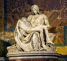 Pieta, by Michelangelo is a key work of Italian Renaissance sculpture. Michelangelo's Pieta Saint Peter's Basilica Vatican City.jpg