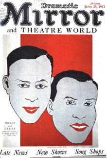 A magazine cover from 1921, Dramatic Mirror, featuring a drawing of Miller & Lyles, two Black men with short dark hair, drawn in black, grey, white, and red
