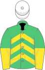 Emerald green and yellow chevrons, halved sleeves, white cap