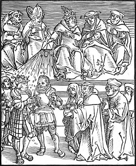 Antichristus, a woodcut by Lucas Cranach the Elder, of the pope using the temporal power to grant authority to a ruler contributing generously to the Catholic Church PapalPolitics2.JPG