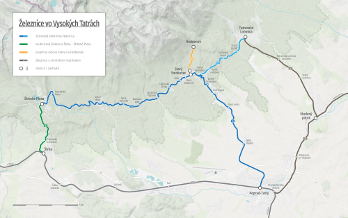 Mapa železničnej siete vo Vysokých Tatrách