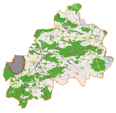 Mapa konturowa gminy Rudna, na dole znajduje się punkt z opisem „Dwór w Toszowicach”