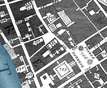San Girolamo della Carità (nummer 701) på Giovanni Battista Nollis topografiska karta över Rom från år 1748. Nummer 699 anger kyrkan Santa Brigida och nummer 706 Piazza Farnese.