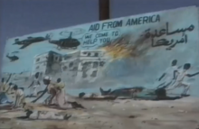Sign at an anti American protest in Mogadishu depicting the "Abdi House" raid or "Bloody Monday" attack