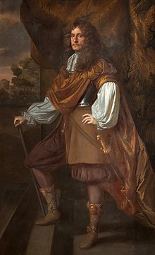 Old painting of a standing man with long, curly hair, a baton in his hand, and wearing a sword