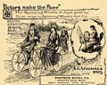 Také samotní prodejci kol Viktor využívali nápaditosti dvojsmyslného výrazu "spinning wheels" ve svých sloganech, 1895. Překlad: Dobovým kolovratům [Spinning Wheels] odzvonilo, uvolněte cestu kolům [Spinning Wheels], která létají.