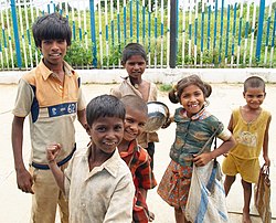 Street children at a railway station in Medak district, Andhra Pradesh. Street children in India.jpg