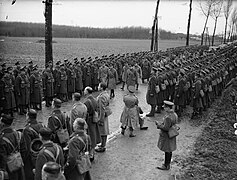 Le roi George V inspecte le corps expéditionnaire britannique (2nd Battalion, Coldstream Guards) en décembre 1939 à Bachy