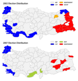 Winning party by province 2002 and 2007 TurkishGeneralElection 2007.png