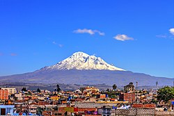 Veduta della città di Riobamba sullo sfondo del vulcano Chimborazo