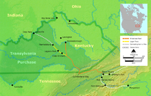 The Transylvania Purchase, bought from the Cherokee tribe, stretches from Sycamore Shoals in Elizabethton, Tennessee, to the Wilderness Road into Kentucky. Wilderness road en.png