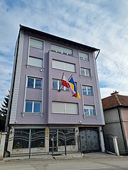 Ukrainian flag on the Polish Embassy in Sarajevo 20220302 Ambasada RP w Sarajewie, flagi PL i UA.jpg