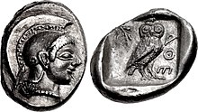 Coinage of Athens at the time of Cleisthenes. Effigy of Athena, with owl and AThE, initials of "Athens". c. 510-500/490 BC. ATTICA, Athens. Circa 510 to 500-490 BC.jpg