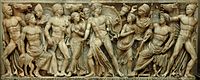 Фриз аттичного саркофаг: Ахіллес перед судом Лікомеда, 240 н. е.