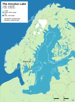 Ancylus Lake around 8700 years BP. The relic of Scandinavian Glacier in white. The rivers Svea älv (Svea river) and Göta älv formed an outlet to the Atlantic.