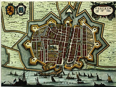 Kaart van de Vestingstad Gorinchem van Blaeu uit 1652 met daarin de vier stadspoorten zichtbaar door de paden die uit de stad lopen