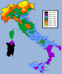 Geographical distribution of blond hair in the Italian geographical region, according to the physical anthropologist Renato Biasutti (1941). Blond hair Italy.png
