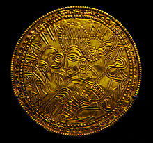 A bracteate from Funen interpreted as depicting Odin riding his 8 legged horse Sleipnir Bracteate from Funen, Denmark (DR BR42).jpg