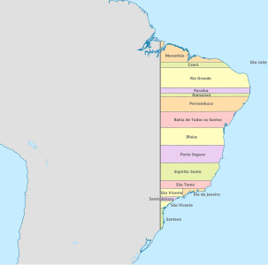 Les capitanies hereditàries del Brasil (versió clàssica, 1534) limitades a l'oest per la Línia de Tordesillas