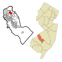 Map of Golden Triangle CDP in Camden County. Inset: Location of Camden County within New Jersey.