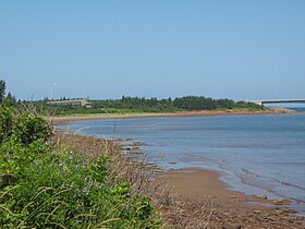 Littoral de l'île Jourimain, avec le pont au fond à droite