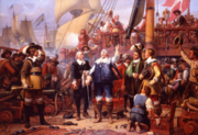 King Christian IV onboard his flagship during the 1644 Battle of Colberger Heide, by Wilhelm Marstrand. The King's personal commitment during the battle, are memorized in first lines of the Danish royal anthem.