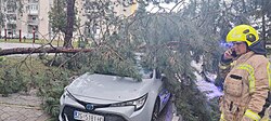 A damage caused by the supercell storm which hit Croatia and neighbouring countries on 19 July 2023. Damaged car in Croatia.jpg