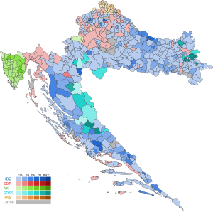 Results by municipality, shaded according to winning party's percentage of the vote.

.mw-parser-output .col-begin{border-collapse:collapse;padding:0;color:inherit;width:100%;border:0;margin:0}.mw-parser-output .col-begin-small{font-size:90%}.mw-parser-output .col-break{vertical-align:top;text-align:left}.mw-parser-output .col-break-2{width:50%}.mw-parser-output .col-break-3{width:33.3%}.mw-parser-output .col-break-4{width:25%}.mw-parser-output .col-break-5{width:20%}@media(max-width:720px){.mw-parser-output .col-begin,.mw-parser-output .col-begin>tbody,.mw-parser-output .col-begin>tbody>tr,.mw-parser-output .col-begin>tbody>tr>td{display:block!important;width:100%!important}.mw-parser-output .col-break{padding-left:0!important}}
HDZ--60-70%

HDZ--50-60%

HDZ--40-50%

HDZ--<40%

SDP--50-60%

SDP--40-50%

SDP--<40%
AK--60-70%

AK--50-60%

AK--40-50%

AK--<40%

HNS--40-50%

HNS--<40%
SDSS-->80%

SDSS--70-80%

SDSS--60-70%

SDSS--50-60%

SDSS--40-50%

SDSS--<40%

Others Europski izbori u Hrvatskoj 2019 v2.svg