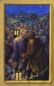 Jidáš zrazující Ježíše polibkem v Grandes Heures Anny Bretaňské z let 1503–1508