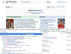 The Wikipedia Main Page being inspected using Firefox Firefox dev tools.jpg