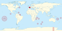 Territory of the French Republic (red) Overseas regions and territories (circled)Claimed territory (Adélie Land; hatched)