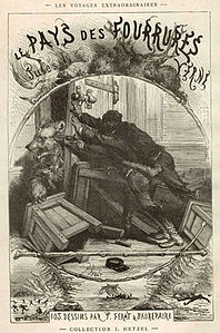 Image en frontispice pour Le Pays des fourrures de Jules Verne édité par Hetzel qui fait appelle ici à Jules Férat (1873)[23]
