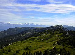 Vue du plateau du Granier avec la chaîne de Belledonne en arrière-plan.