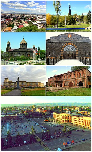 From top left:Gyumri skyline • Mother ArmeniaCathedral of Gyumri • Sev Berd FortressIndependence Square • Dzitoghtsyan MuseumVartanants Square and Gyumri City Hall