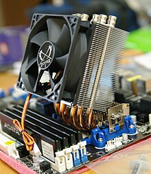 A heat sink (aluminum) with its heat pipes (copper) and fan (black) Heatsink with heat pipes.jpg