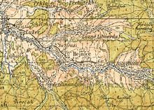 Barevná mapa zachycující Hejnice s Ferdinandovem a sídla v jejich okolí