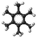 Ball-and-stick model of the hexamethylbenzene molecule