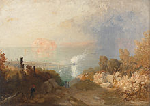 A few small figures are scattered along a track lined with tumbled masonry and trees, which leads steeply downwards towards a distant shore. A boat in the surf is making white smoke, while a larger cloud of black smoke issues from another boat further out. Across the water are high pink cliffs.
