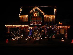 House decorated for Christmas.