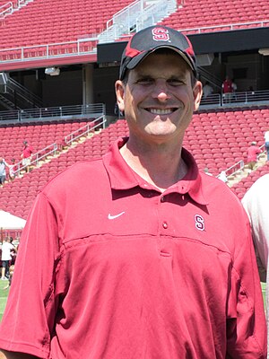 Head coach Jim Harbaugh at the 2010 Stanford f...
