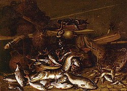 Matériel traditionnel européen et produit de la pêche en eau douce, peints par Johannes Fabritius