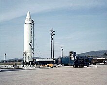 More than 100 US-built missiles having the capability to strike Moscow with nuclear warheads were deployed in Italy and Turkey in 1961 Jupiter on its launch pad.jpg