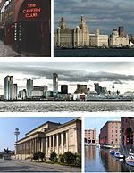 A montage of several pictures showing a western city near water.