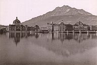 Second Lucerne station built in 1896 on the left, lake bridge on the right